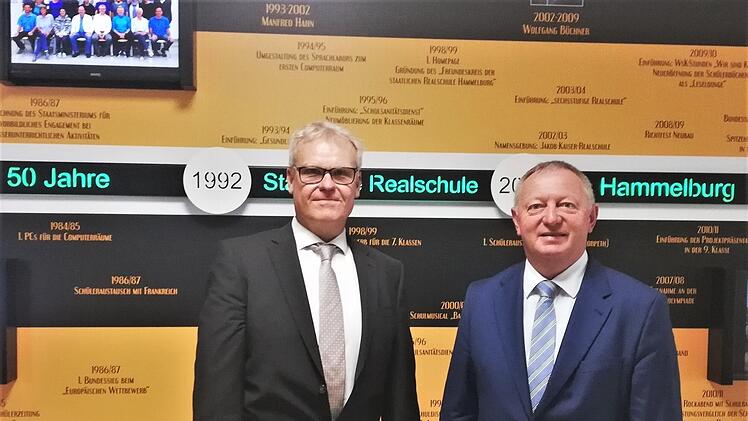 Schulleiter Christian Buchner (links) mit Landrat Thomas Bold vor der neuen Chroniktafel der Realschule. Foto: Sigismund von Dobschütz