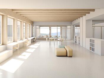 So könnte laut Planung der Marktplatz (Treffpunkt für Schülerinnen und Schüler außerhalb der Klassenräume) im Obergeschoss des Gymnasiums aussehen.