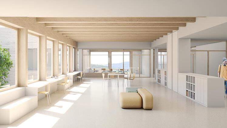 So könnte laut Planung der Marktplatz (Treffpunkt für Schülerinnen und Schüler außerhalb der Klassenräume) im Obergeschoss des Gymnasiums aussehen.