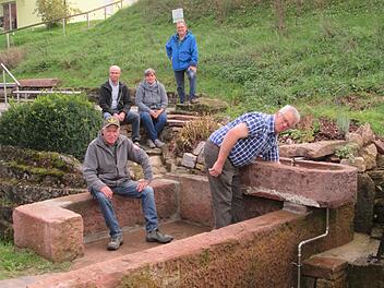 Das Kneipp-Becken in Machtilshausen verfügt über ein Arm-Bad und einen in Buntsandstein gefassten Zugangsbereich. Die Erweiterung verdankt das Projekt fünf Freiwilligen: (von links) Franz Rösser, Arnold Schneider, Karin Rösser, Alfred Schneider un...