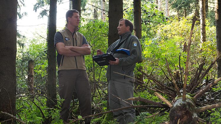 Stefan Blumrich und Joachim Dahmer (von links) im Wald an der Platzer Kuppe. Hier gibt es ein Waldstück, dessen Besitzer  der Förster schon seit Jahren sucht.Björn Hein
