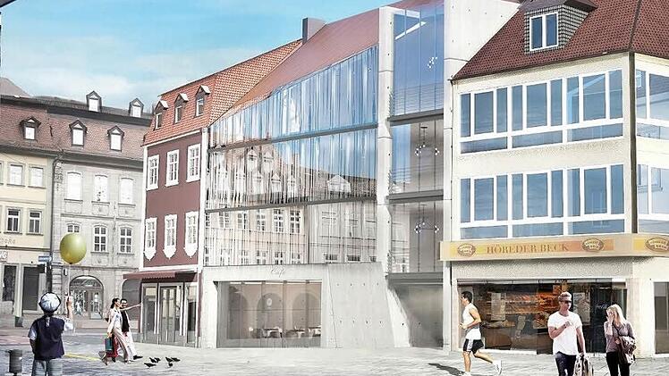 Durchgängige Glasfassade, schräge Traufkante und ein angedeuteter Turm zwischen Betonpfeilern: Der Entwurf des Bamberger Architekten Matthias Bornhofen setzt ein Zeichen für zeitgenössische Architektur an der Kettenbrückstraße. Bei der CSU- und der SPD-Fraktion findet die Planung Gefallen. Illustration Matthias Bornhofen