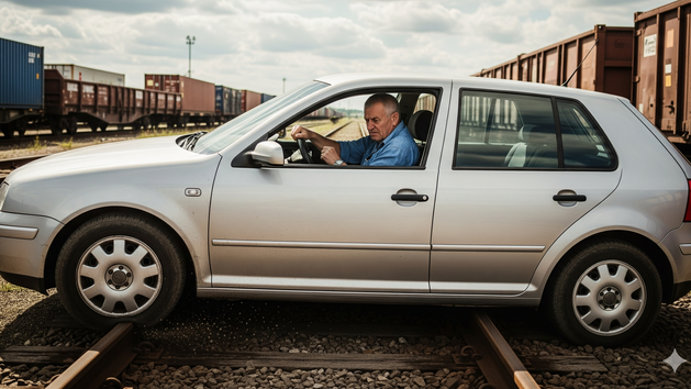 Mann fährt mit Auto auf Gleise auf
