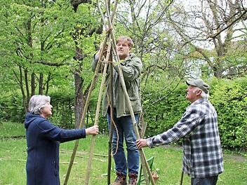 Gabi Grunwald, Pater Braun und Hans Petsch stellen eine Rankhilfe für die Bohnen auf, die den Bienen als Nahrung dienen sollen.  Foto: Thomas Malz