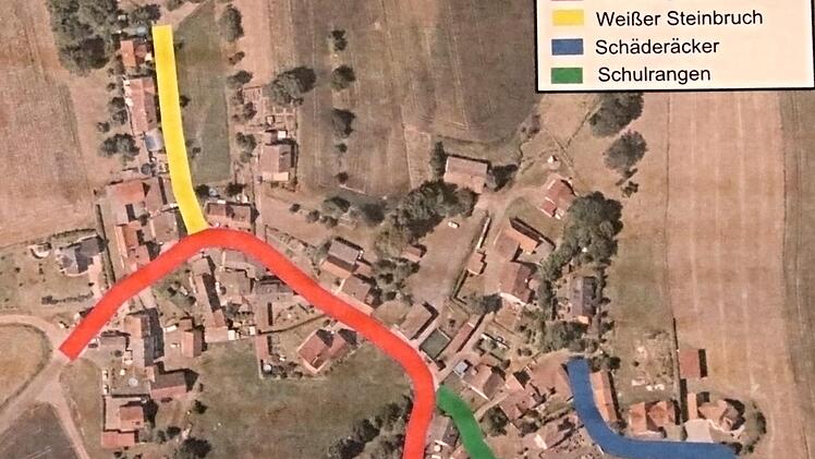 Diese vier Straßen werden in Geroldswind Namen erhalten. Geroldsgrund bleibt Geroldsgrund (rot), Weißer Steinbruch wird Weißer Bruch (gelb), Schäderäcker wird Geroldswinder Höhe (blau) und der Schulrangen wird zum Johannishügel (grün). Foto: Helmut Will