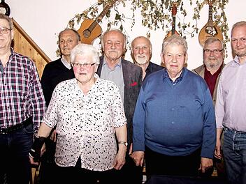 Bei den Ehrungen der langj&auml;hrigen Vereinsmitglieder (von links): Siegfried H&uuml;mmer (40 Jahre), Bernd Potzel (50), Anita Streit (50), Peter E&szlig;meyer (50), Klaus H&uuml;mmer (40), Anton Geldner (50), Johann Zimmermann (50) und Vorsitzender Hilmar Schubert  Fotos: Hartmut Klamm