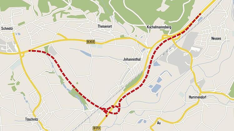 Die Planungsunterlagen zeigen hier die Lerchenhoftrasse bei Küps und die Fortsetzung der B 173 nach einem möglichen Ausbau in Richtung Neuses (gestrichelte Linie). Quelle: Staatliches Bauamt Bamberg/Openstreetmap.org; Grafik: Micho Haller