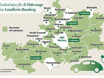 Nur noch wenige weiße Flecken auf der Lade-Stationen-Karte.Grafik: FT/Quelle: Landratsamt