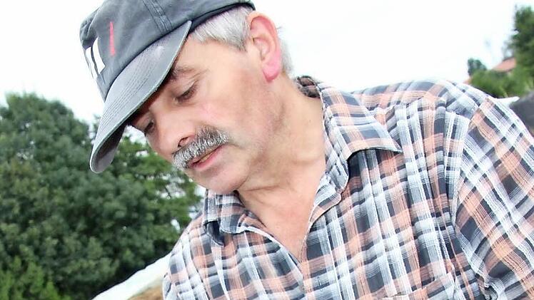 Adolf Huth zeigt etwas Gras-Silage, die würzig riecht.
