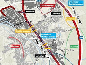 Die Ostumfahrung der Bahn wurde im April 2016 vom Stadtrat ausgeschieden. Doch völlig ausgeschlossen scheint ihre Rückkehr nicht.  Grafik: Franziska Schäfer