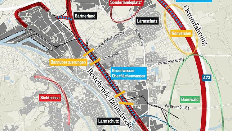 Die Ostumfahrung der Bahn wurde im April 2016 vom Stadtrat ausgeschieden. Doch völlig ausgeschlossen scheint ihre Rückkehr nicht.  Grafik: Franziska Schäfer
