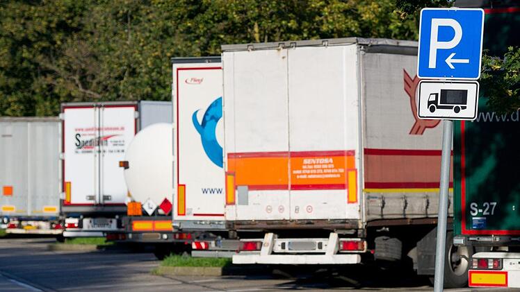 Geparkte Lastwagen stehen in der Nähe von Aichelberg (Baden-Württemberg) auf einem Autobahnrastplatz. Mehr als 200 mittelständische Spediteure haben eine millionenschwere Schadenersatzforderung gegen Hersteller gerichtet, die an einem Lkw-Kartell beteiligt waren. Foto: Inga Kjer/dpa