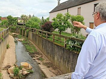 Im Bachbett des Merzbachs wurden Steine eingebracht. Bürgermeister Helmut Dietz erläutert diese Maßnahme. Foto: Helmut Will