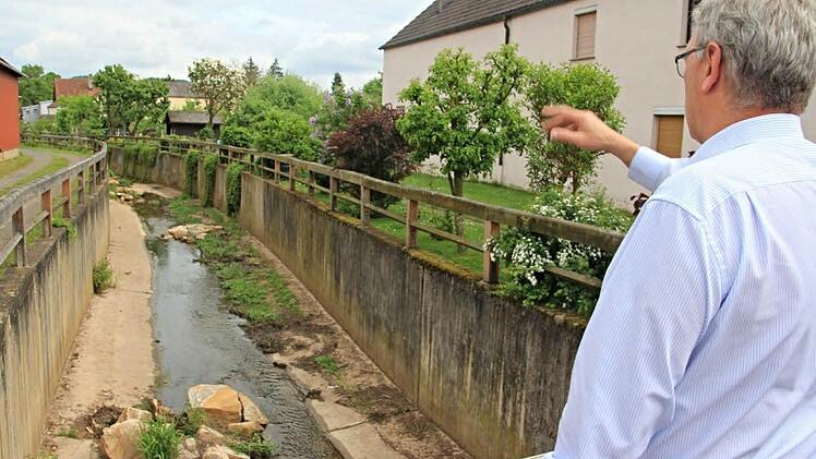 Im Bachbett des Merzbachs wurden Steine eingebracht. Bürgermeister Helmut Dietz erläutert diese Maßnahme. Foto: Helmut Will