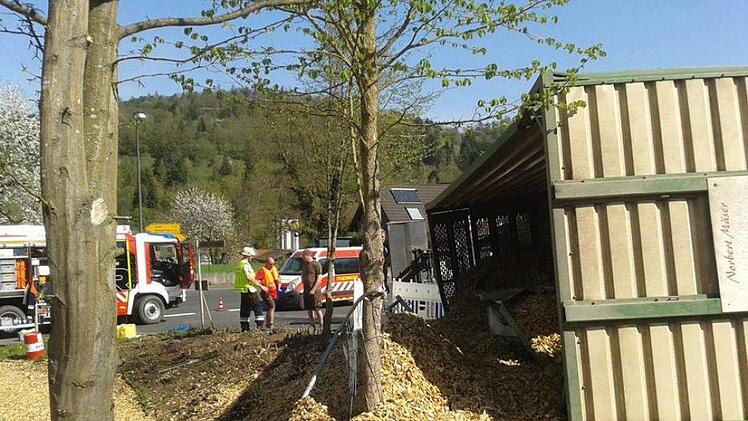 Der Anh&auml;nger kippte auf den Gehweg und riss den Traktor mit.Joachim Weichert