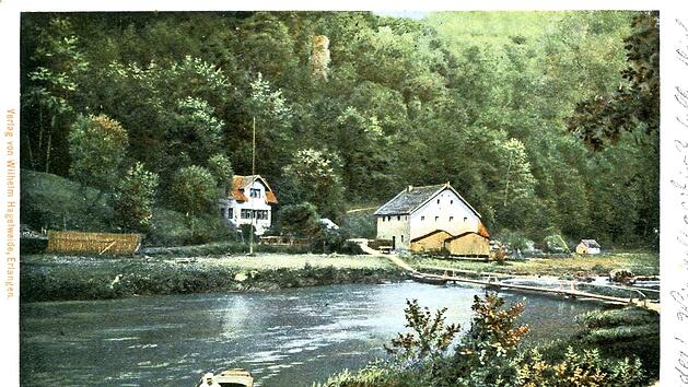 Die Stempferm&uuml;hle auf einer Postkarte von 1901 (Poststempel). Auf der alten Ansichtskarte ist noch das Geb&auml;ude aus dem 16. Jahrhundert zu sehen.  Repro: Reinhard L&ouml;wisch