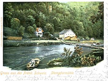 Die Stempfermühle auf einer Postkarte von 1901 (Poststempel). Auf der alten Ansichtskarte ist noch das Gebäude aus dem 16. Jahrhundert zu sehen.  Repro: Reinhard Löwisch