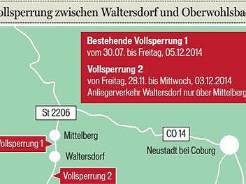 Waltersdorf sitzt ab Freitag zwischen zwei Vollsperrungen der Staatsstraße 2206. Anlieger dürfen von Norden durch die Baustelle bei Mittelberg fahren.