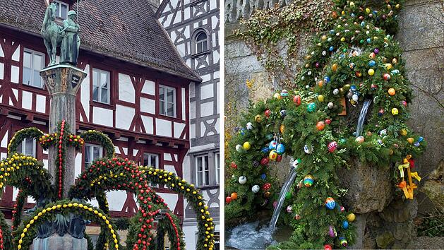 Osterbrunnen, G&ouml;&szlig;weinstein, Forchheim, Fr&auml;nkische Schweiz, Fotocollage, Osterzeit, Brauchtum Franken, Oberfranken, Bayern, handbemalte Ostereier, Osterdekoration, Girlanden, bunte Eier, Fr&uuml;hlingsschmuck, Osterbrunnen Bayern, Tradition, Osterbrauch, Kaiserpfalz, Basilika, Osterferien, Ostertradition, Kulturerbe, Franken Ostern, Osterschmuck, Ausflugsziel Ostern, Landkreis Forchheim, Tourismusregion, Vergleich, Fotomotiv Ostern