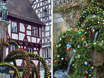Osterbrunnen, G&ouml;&szlig;weinstein, Forchheim, Fr&auml;nkische Schweiz, Fotocollage, Osterzeit, Brauchtum Franken, Oberfranken, Bayern, handbemalte Ostereier, Osterdekoration, Girlanden, bunte Eier, Fr&uuml;hlingsschmuck, Osterbrunnen Bayern, Tradition, Osterbrauch, Kaiserpfalz, Basilika, Osterferien, Ostertradition, Kulturerbe, Franken Ostern, Osterschmuck, Ausflugsziel Ostern, Landkreis Forchheim, Tourismusregion, Vergleich, Fotomotiv Ostern