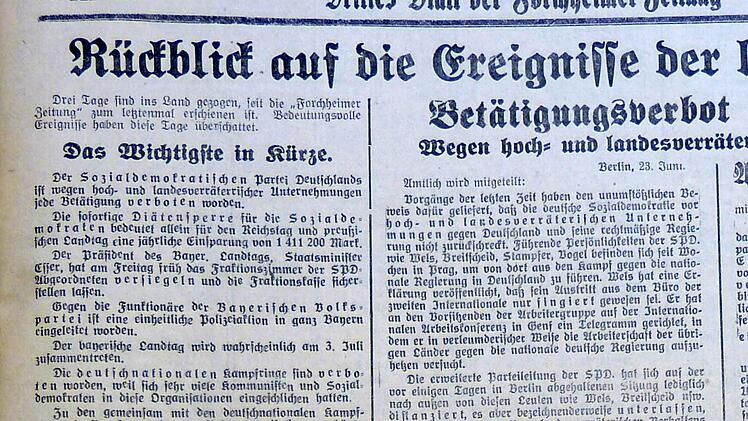 Verbot der SPD und Verhaftung von BVP-Funktionären (aus der Forchheimer Zeitung vom 26. Juni 1933 (Repro Franze)