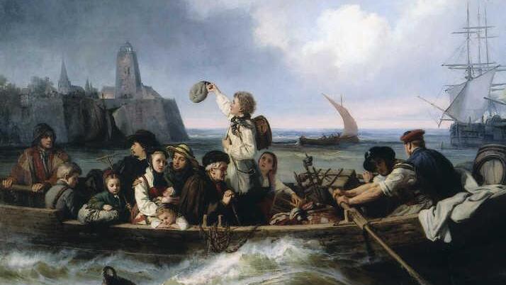 Mit dem letzten Blick auf das Festland verabschiedeten sich die Auswanderer zumeist für immer von der alten Welt. Dann bestiegen sie das Segelschiff, das sie über den Ozean bringen sollte. Gemälde von Antonie Volkmar, 1860.  Repro: Deutsches Historisches Museum Berlin, Archiv