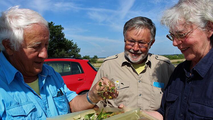 Hans Krautblatter zeigt interessierten Naturfreunden aus Schmiedelberg bei Weisendorf den Schildhahnenfuß. Er verfügt über Schwimmblätter und Unterwasserblätter.   Foto: Evi Seeger