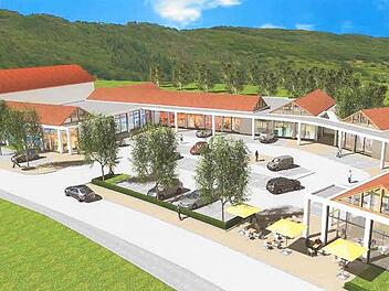 So soll das Einkaufszentrum aus der Vogelperspektive aus Richtung Sinnaustraße aussehen.