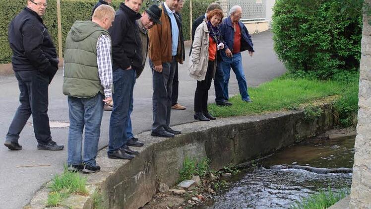 Ortsbegehung: Der Sambach wäscht die Uferbefestigung im Mühlenweg aus.  Foto: G. Bauer