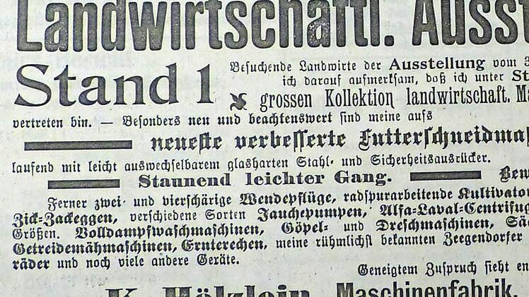 Die Maschinenfabrik Hölzlein aus Ebermannstadt erhielt für ihre Futtermaschinen auf der 43. Wanderversammlung einen 1. Preis. Anzeige aus dem Wiesent-Boten vom 21.05.1908 (Repro Franze)