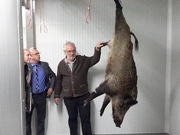 Einen kurzen Blick warfen Barbara Landgraf und Emil Müller in die moderne Kühlkammer, Dort hatte Jochen Manke (rechts) schon die erste Wildsau am Haken. Foto: Rolf Pralle