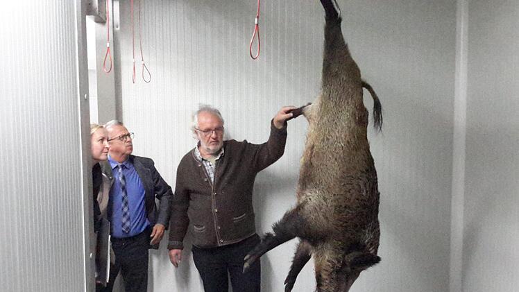 Einen kurzen Blick warfen Barbara Landgraf und Emil Müller in die moderne Kühlkammer, Dort hatte Jochen Manke (rechts) schon die erste Wildsau am Haken. Foto: Rolf Pralle