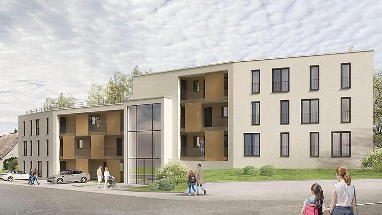 Das neue Mehrfamilienhaus in Petzmannsberg, das die Stadt Kulmbach bauen wird, bekommt das von Anfang an geplante Flachdach.  Auch kosmetische Korrekturen  - zum Beispiel ein Materialwechel im oberen Stock - sind der Stadtratsmehrheit zu teuer. Visualisierung: Stadt Kulmbach