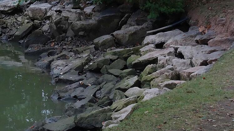 An diesen Steinen am Ufer lässt sich gut erkennen, wie der Wasserspiegel bereits gesunken ist.Foto: Jochen Berger
