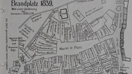 Der Brandplatz von 1839 (nach einer Zeichnung des Geometers Müller). Die stark umrandeten Häuser blieben verschont.  Repro: Dieter Seyfarth