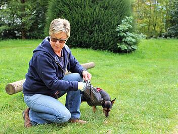Beim Gassigehen auf Müllsuche: Anita Ortgies mit Hund Gini auf der täglichen Runde durch den Georgi-Park.  Foto: Julia Raab