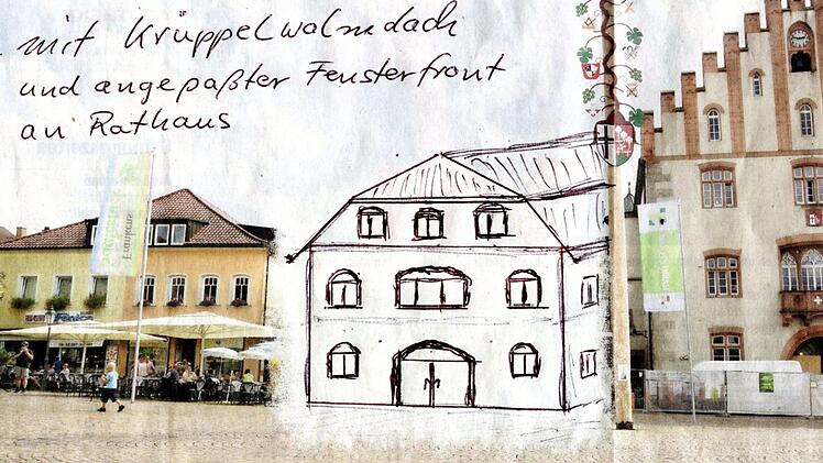 Mit einem Walmdach und einer Front wie das Rathaus hat Rudolf Hanke seinen Entwurf versehen.  Foto: Repro