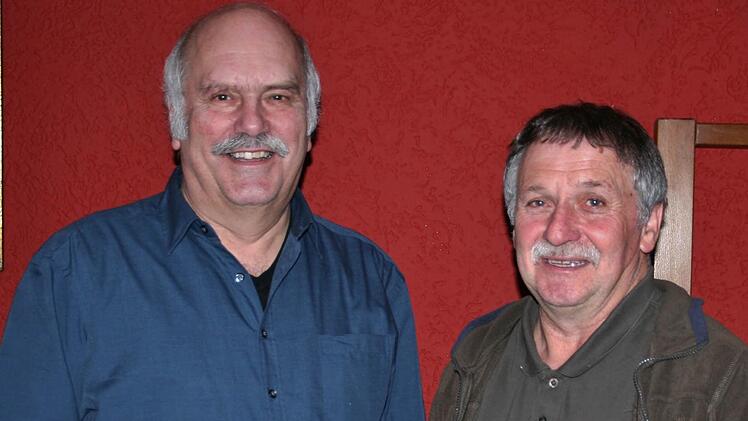 Bruno Kirchner (rechts), stellvertretender Vorsitzender des Vereins der Vogelfreunde Bad Kissingen, gratuliert dem deutschen Meister Roland Hehn. Foto: Werner Vogel