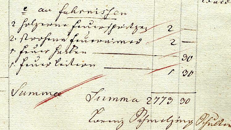 In dieser Gemeindeabrechnung von 1807 sind zwei hölzerne Feuerspritzen aufgeführt.Geschichtsfreunde