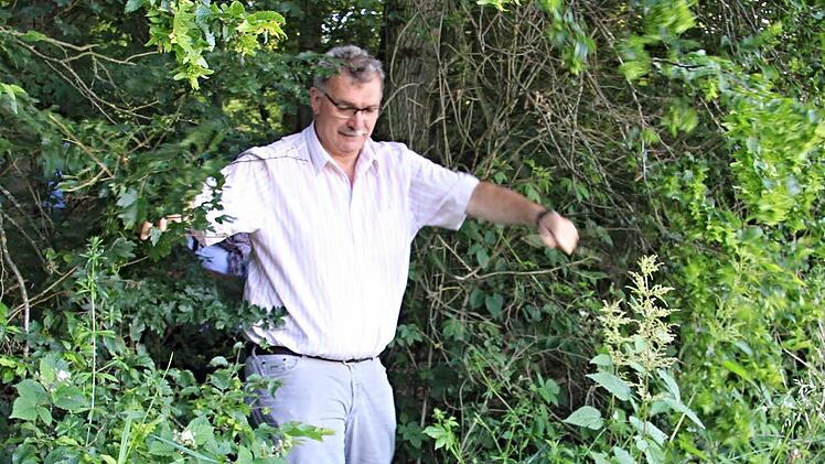 Bürgermeister Helmut Dietz bahnt sich einen Weg durch den dichten Waldbewuchs. Foto: Helmut WillBürgermeister Helmut Dietz bahnt sich einen Weg durch den dichten Waldbewuchs. Foto: Helmut Will