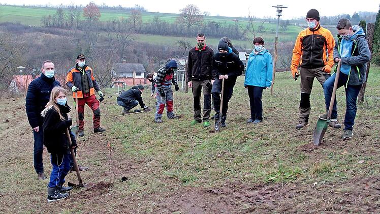 Die Mittelschüler der Arbeitsgemeinschaft Wald bei ihrer Pflanzaktion mit Bürgermeister Michael Ziegler (links) und Stadtförster Christian Bartsch (Sechster von rechts) in Eltmann  Foto: Günther Geiling