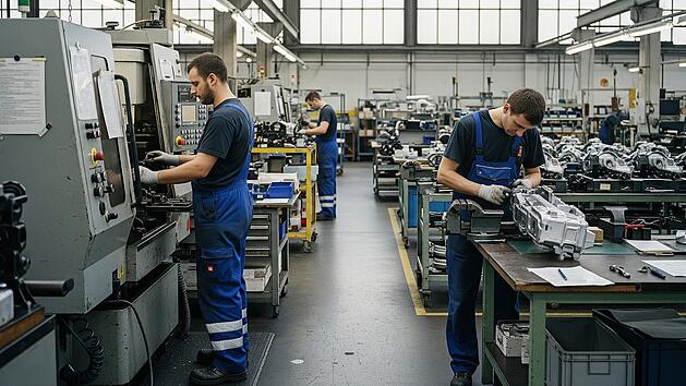 Mitarbeiter arbeiten im Werk eines Autozulieferes