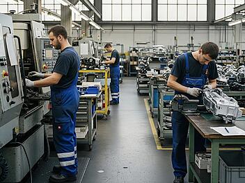 Mitarbeiter arbeiten im Werk eines Autozulieferes