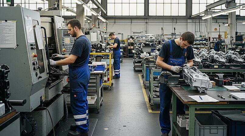 Mitarbeiter arbeiten im Werk eines Autozulieferes