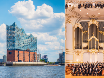 Städtetrip der ganz besonderen Art: Erlebe die "Symphoniker Hamburg - Laeiszhalle Orchester" rund um Chefdirigent Sylvain Cambreling (r. o.) hautnah in der Elbphilharmonie in Hamburg.
