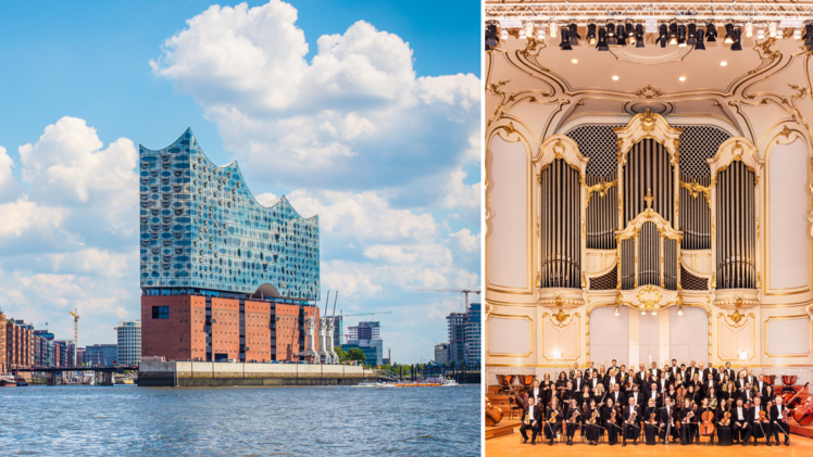 Städtetrip der ganz besonderen Art: Erlebe die "Symphoniker Hamburg - Laeiszhalle Orchester" rund um Chefdirigent Sylvain Cambreling (r. o.) hautnah in der Elbphilharmonie in Hamburg.