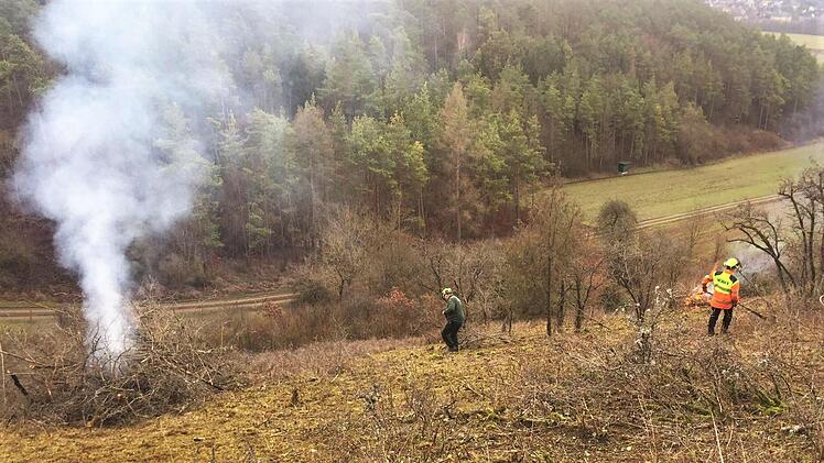 : Etwa 1 000 Kubikmeter Schnittgut mussten die Mitarbeiter von Landschaftsservice Herkt (Maßbach) auf der 3,2 Hektar großen Magerrasenfläche "Rabust" bei Münnerstadt wegen der extremen Steillage direkt vor Ort verbrennen. Foto: Sigismund von Dobschütz