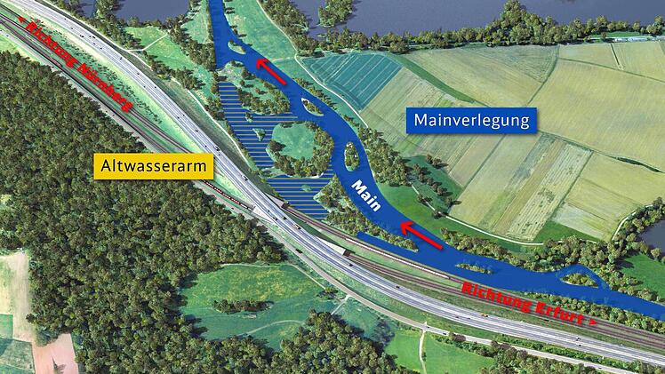 Das bisherige Flussbett wird zum stehenden Altwasser (schraffierter Bereich). Illustration: DB AG (www.vde8.de)