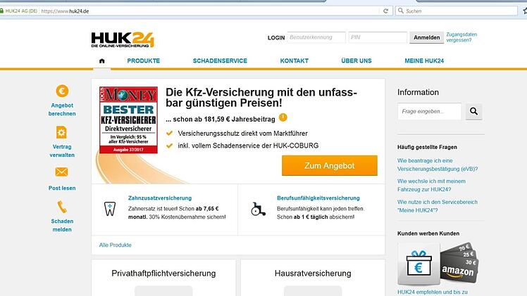 Mit dem Portal huk24 (Screenshot vom 26. Oktober 2017) ist die Coburger Versicherung schon seit langem digital unterwegs.