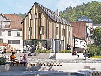 So sieht die Planung für das Gebäude Marktplatz 4 aus. Die Terrasse auf dieser Darstellung entspricht zwar nicht voll der verabschiedeten Planung, gibt aber den Grundgedanken eines durch die Abtreppung fließenden Übergangs zum Marktplatz wieder.